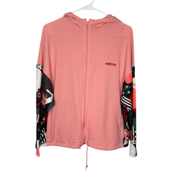 Adidas x Farm Rio Tops - Adidas x Farm Rio Women's Pink Zippered Abstract Sleeve Hooded Track Top Small